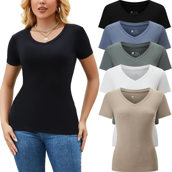 5 Pack Women's V Neck Short Sleeve Basic Tees - Slim Fit Casual Summer Tops - Mu - Picture 1 of 4